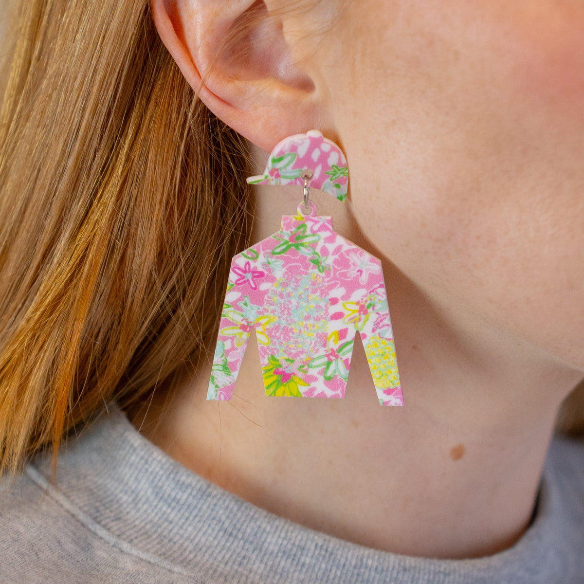Pink Floral Jockey Silk Earrings - Barrel Down South
