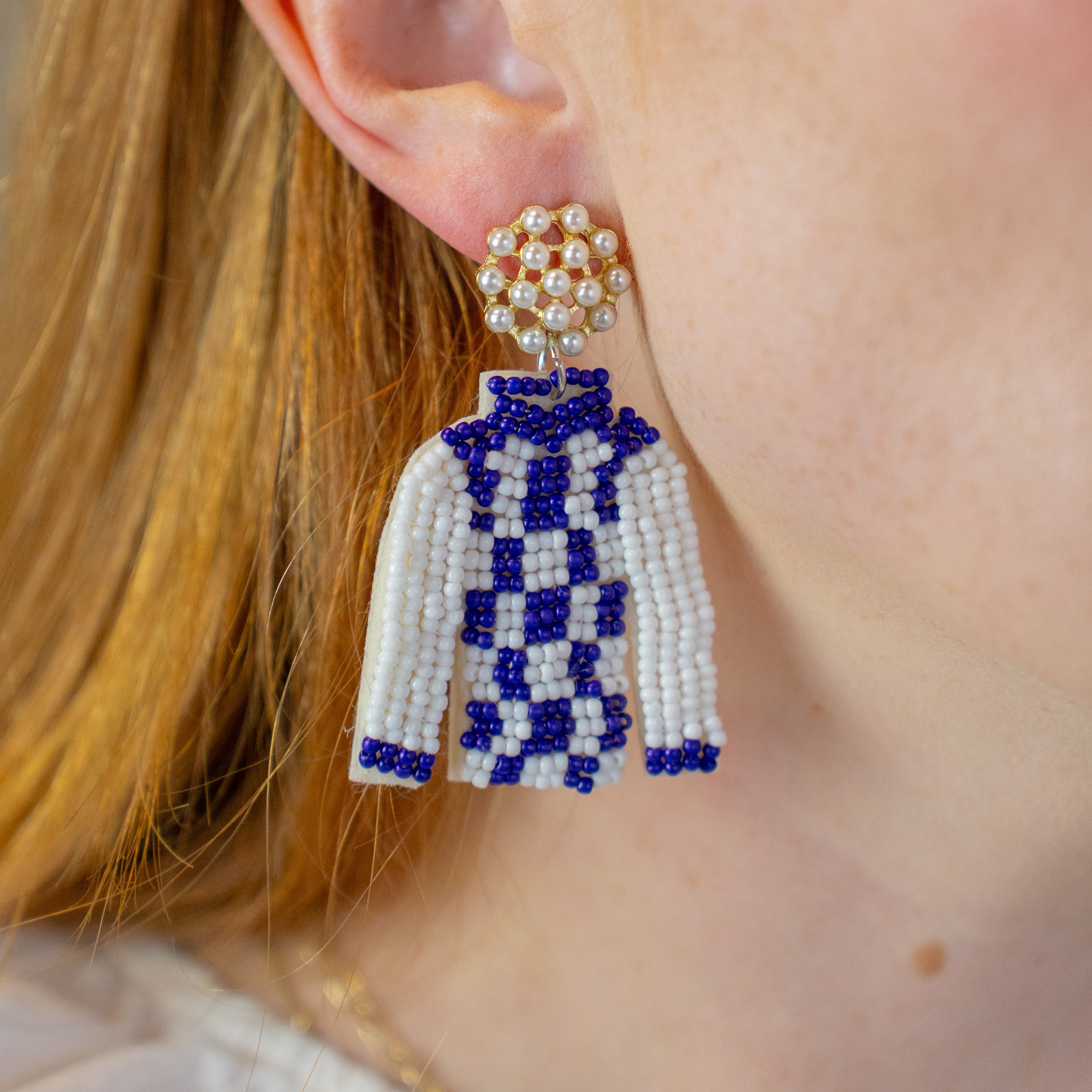 Dark Blue/White Stripe Jockey Silk Earrings - Barrel Down South