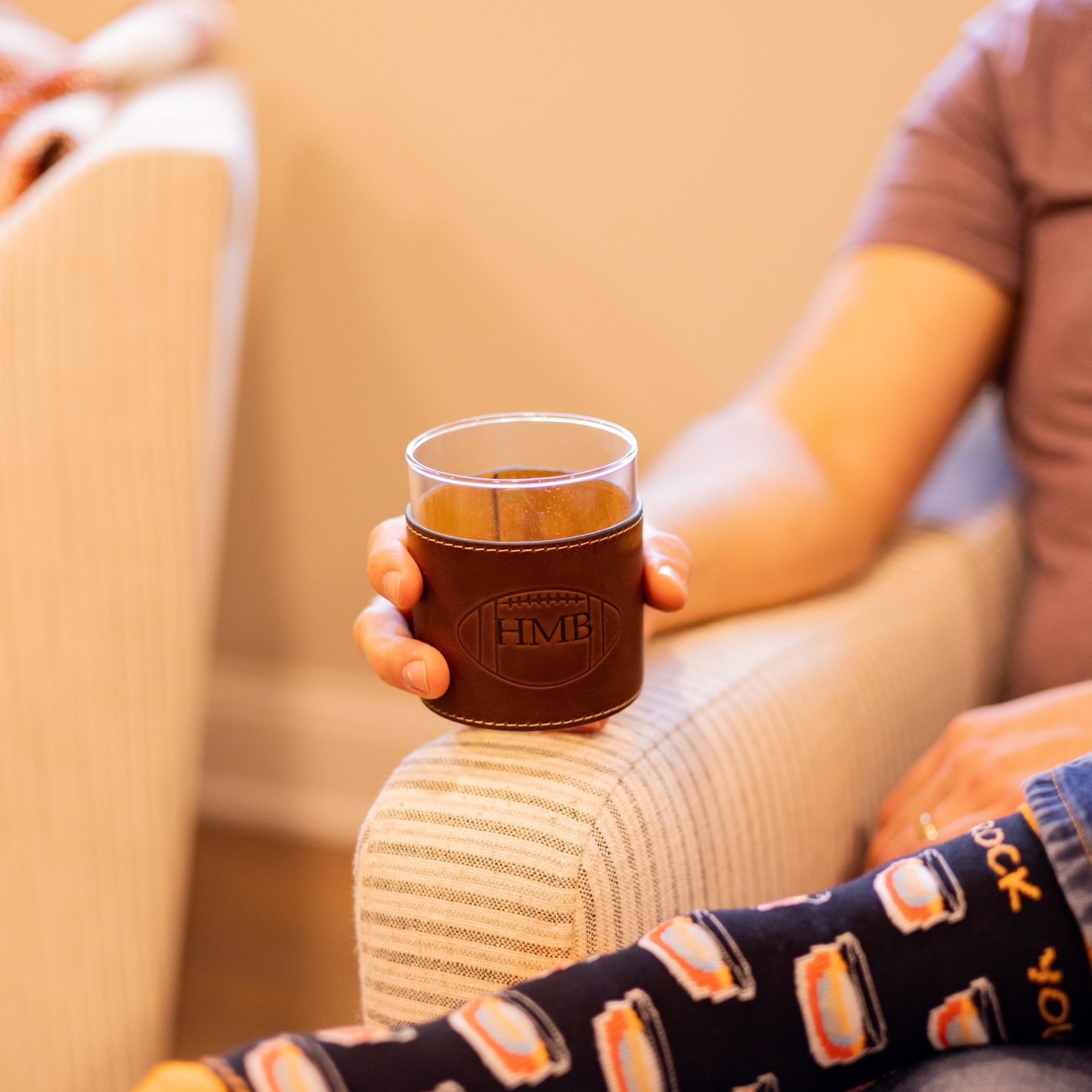 Custom Set of 2 Football Leather Wrapped Bourbon Whiskey Rocks Glasses - Barrel Down South