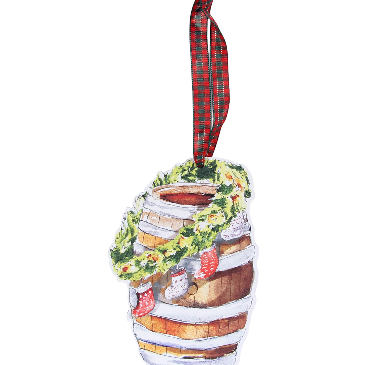 Bourbon Barrel With Wreath and Stockings Ornament - Barrel Down South