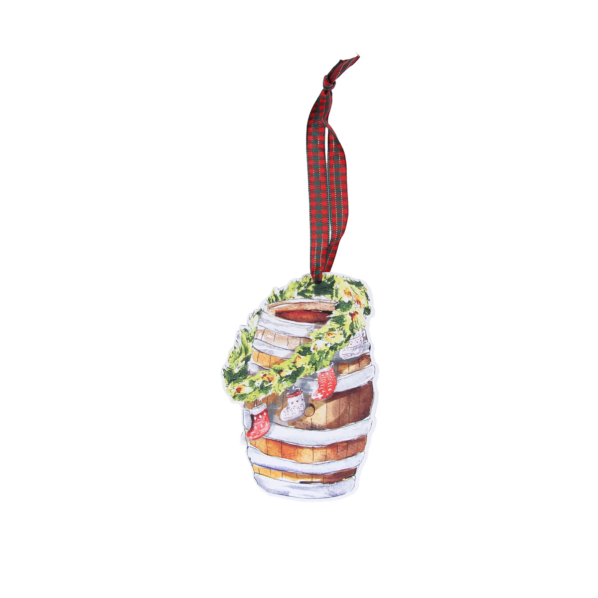 Bourbon Barrel With Wreath and Stockings Ornament - Barrel Down South
