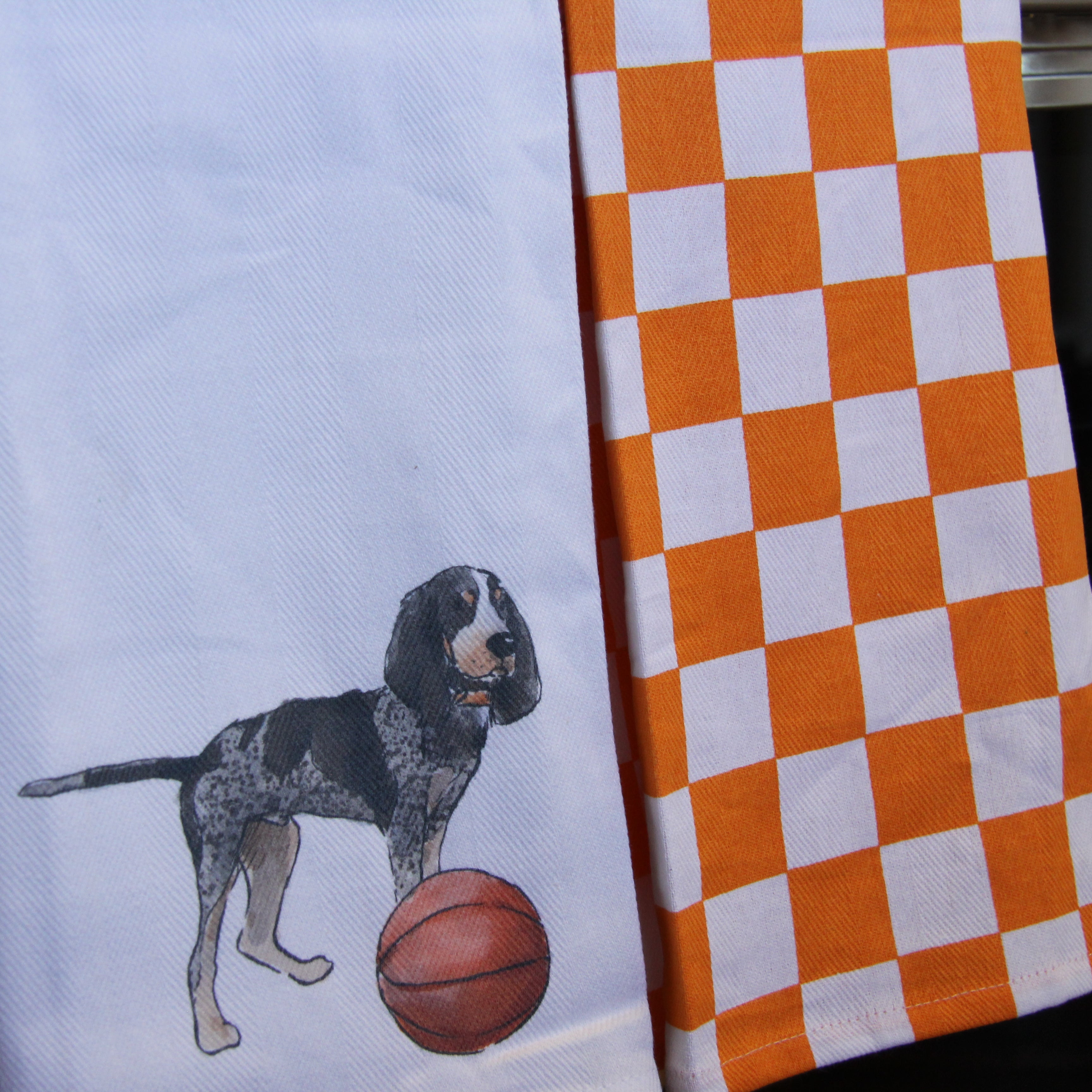 Bluetick Coonhound Standing With Basketball Tea Towel - Barrel Down South