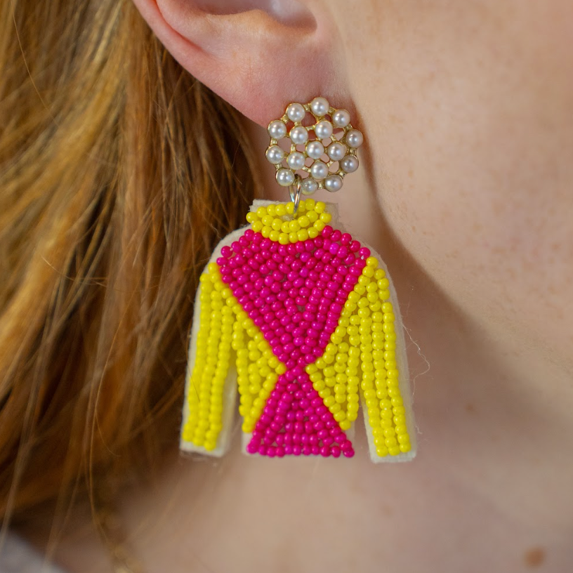 Pink/Yellow Jockey Silk Earrings - Barrel Down South