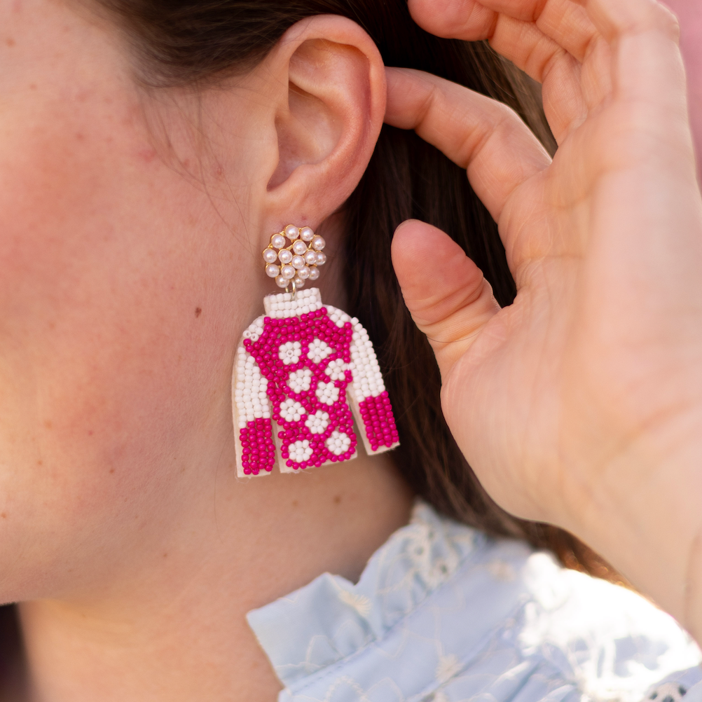 Pink/White Polka Dot Jockey Silk Earrings - Barrel Down South