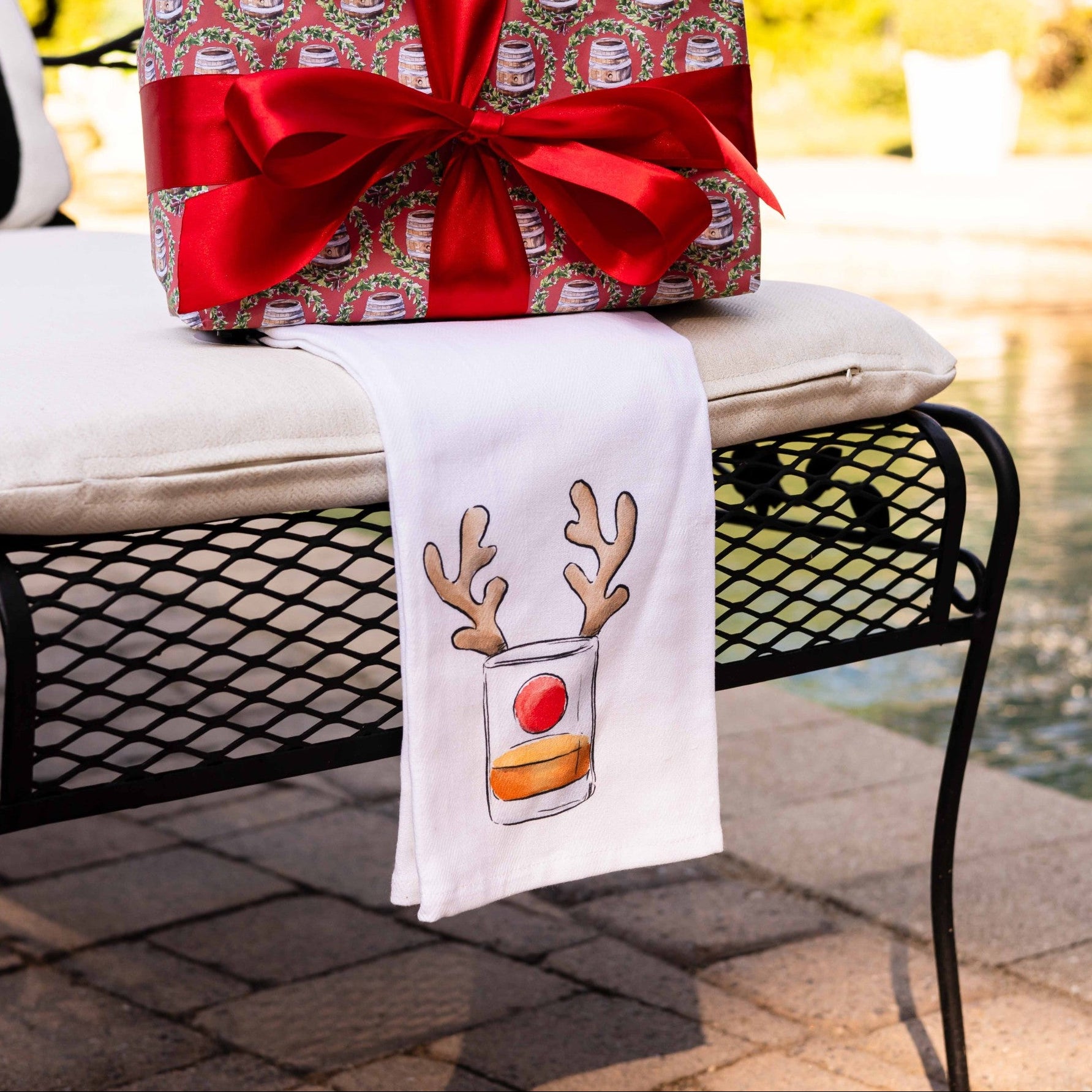 Glass of Bourbon Reindeer Christmas Tea Towel - Barrel Down South