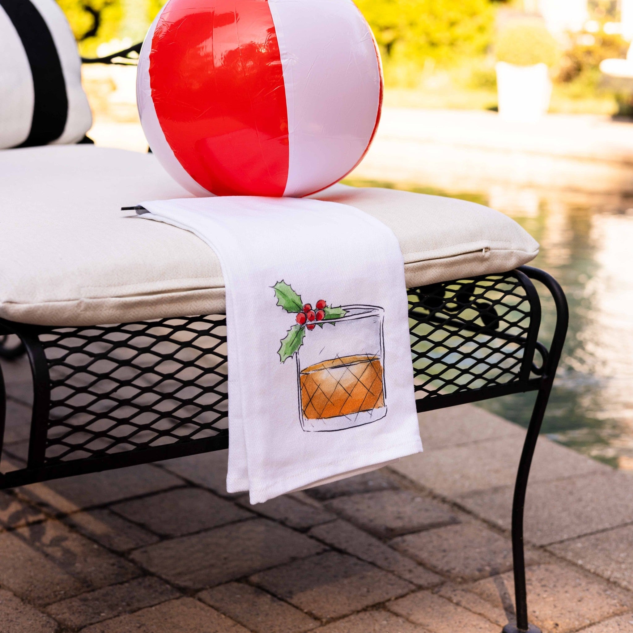 Glass of Bourbon with Holly Christmas Tea Towel - Barrel Down South