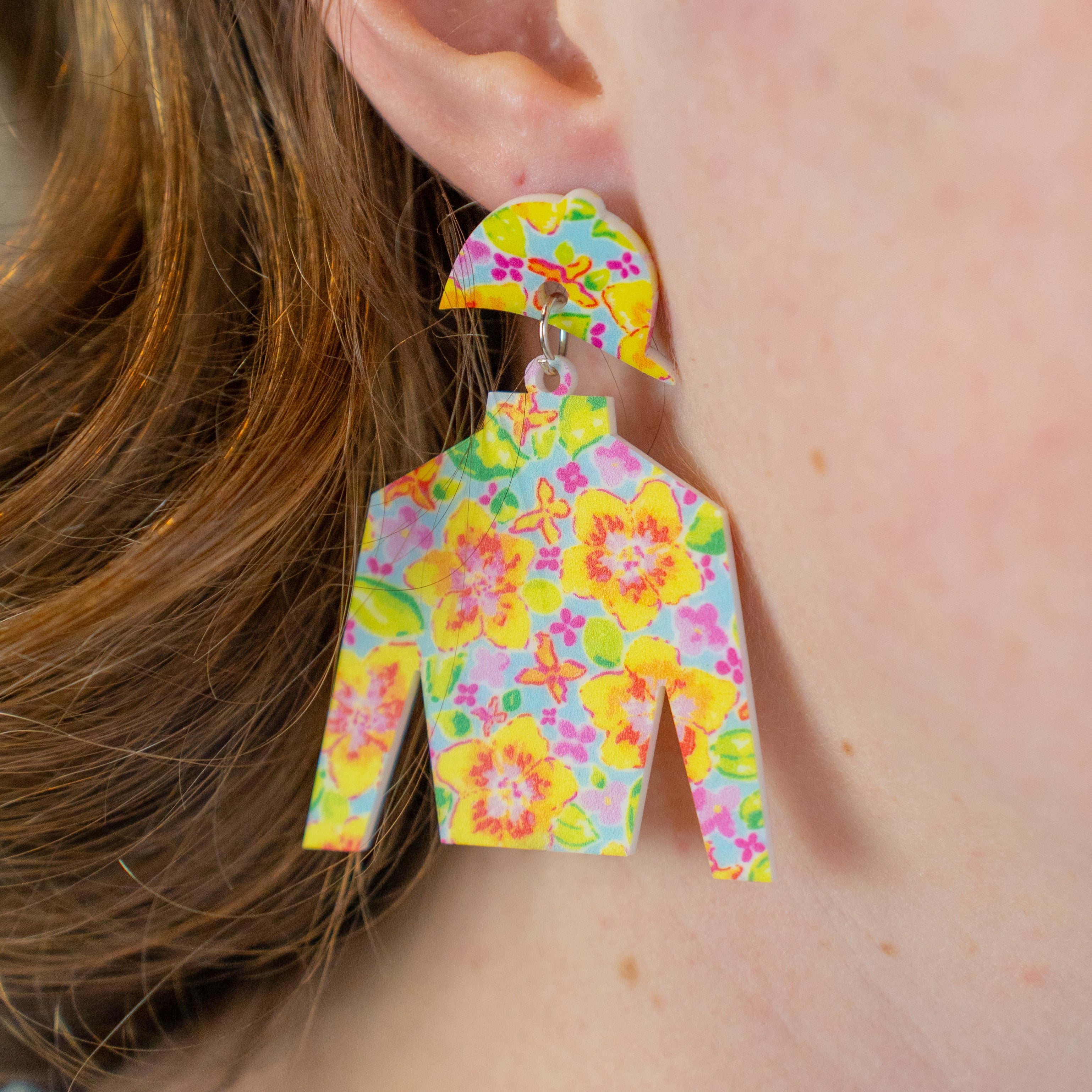 Bright Multi Color Blue Floral Jockey Silk Earrings - Barrel Down South