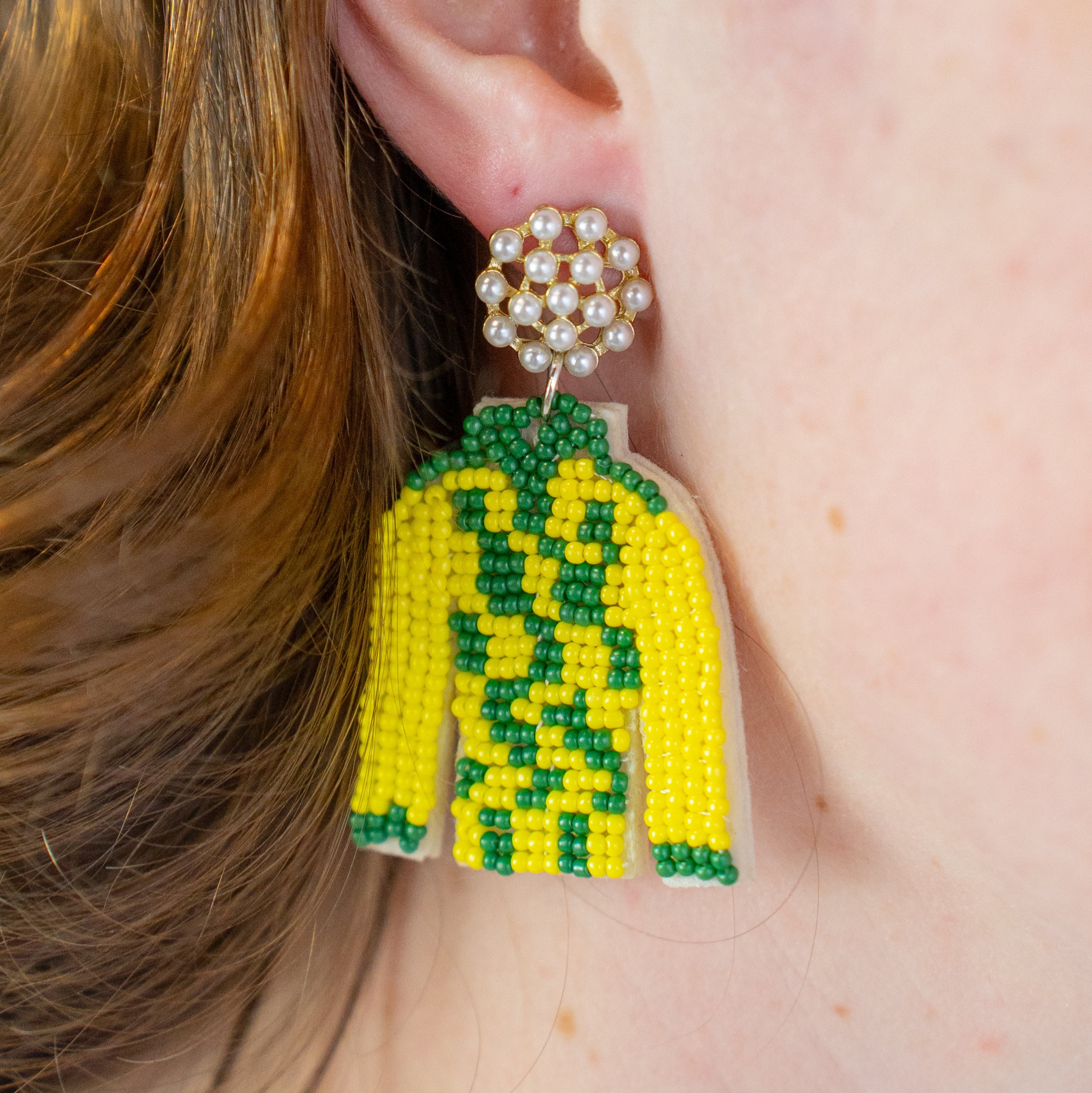 Green/Yellow Checkered Jockey Silk Earrings - Barrel Down South