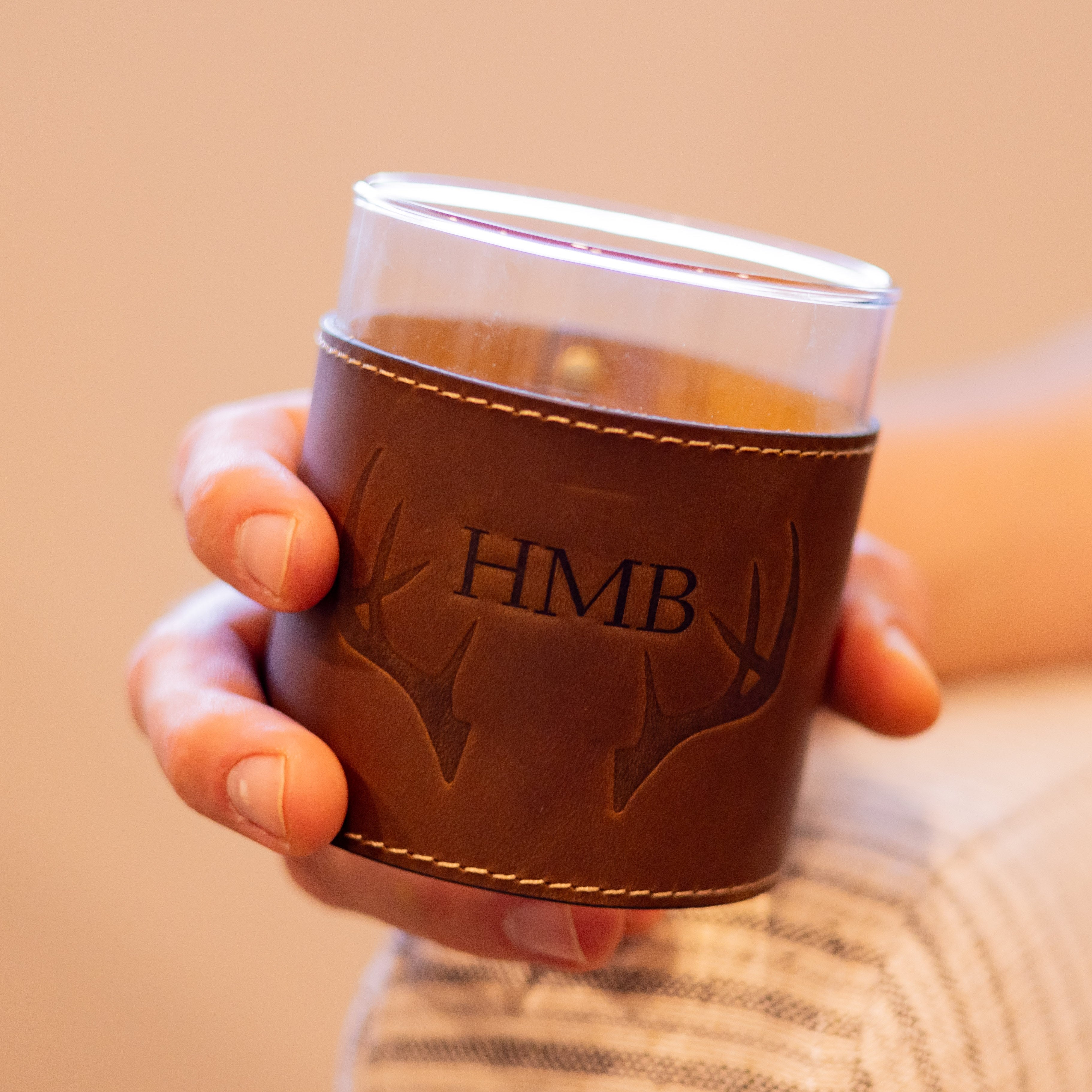 Custom Set of 2 Deer Antler Leather Wrapped Bourbon Whiskey Rocks Glasses - Barrel Down South