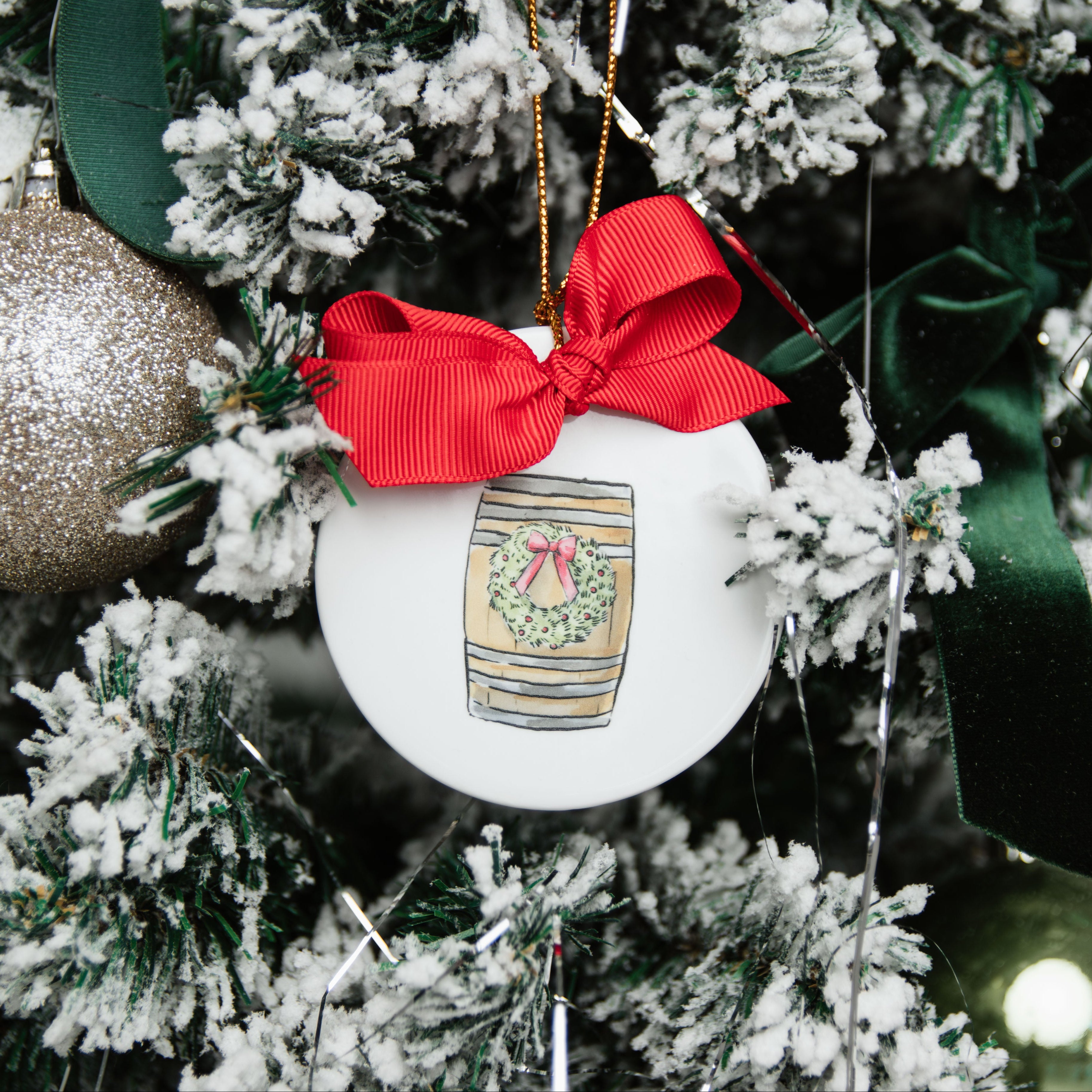 Bourbon Barrel With Wreath Ceramic Ornament - Barrel Down South