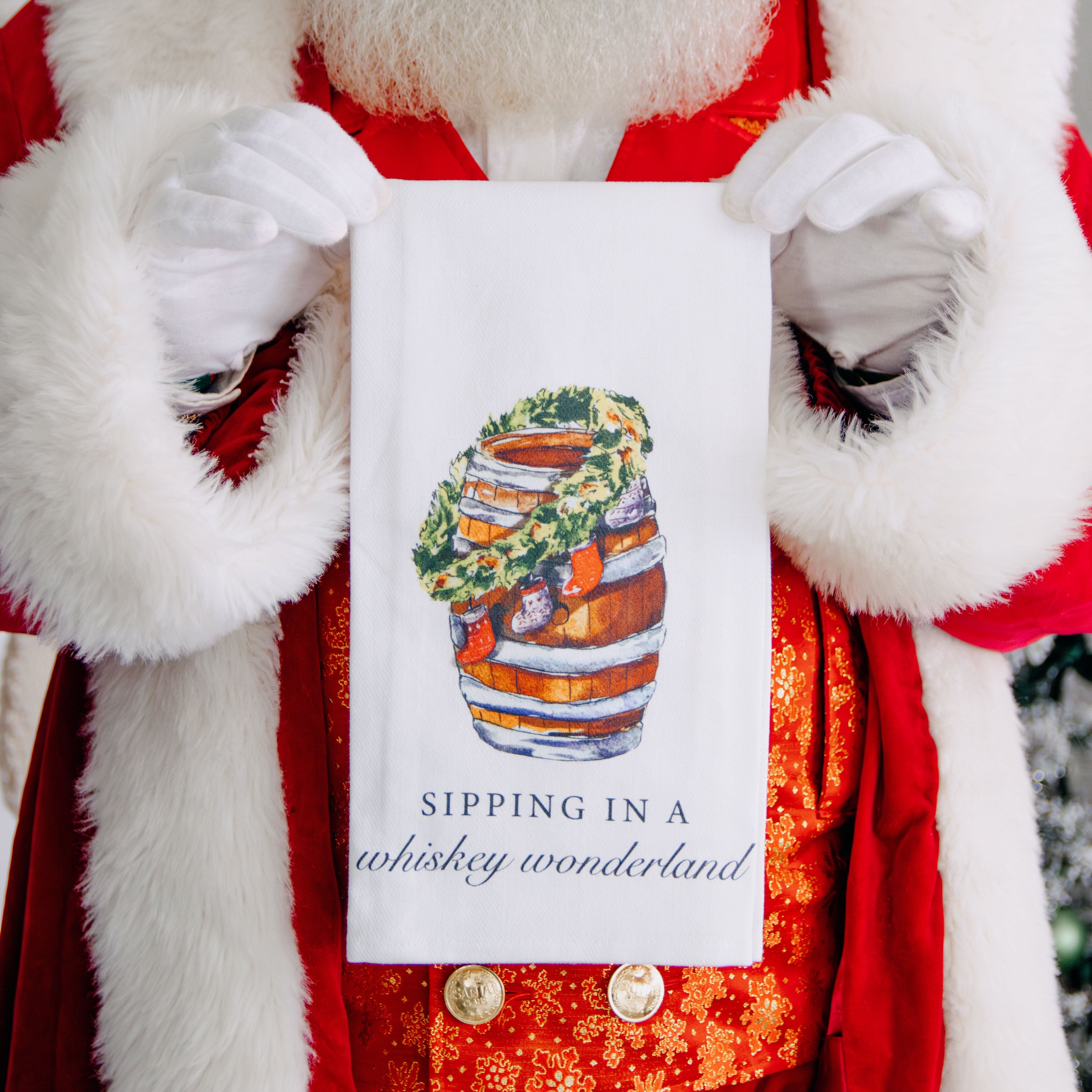 Sipping In A Whiskey Wonderland Wreath Tea Towel - Barrel Down South