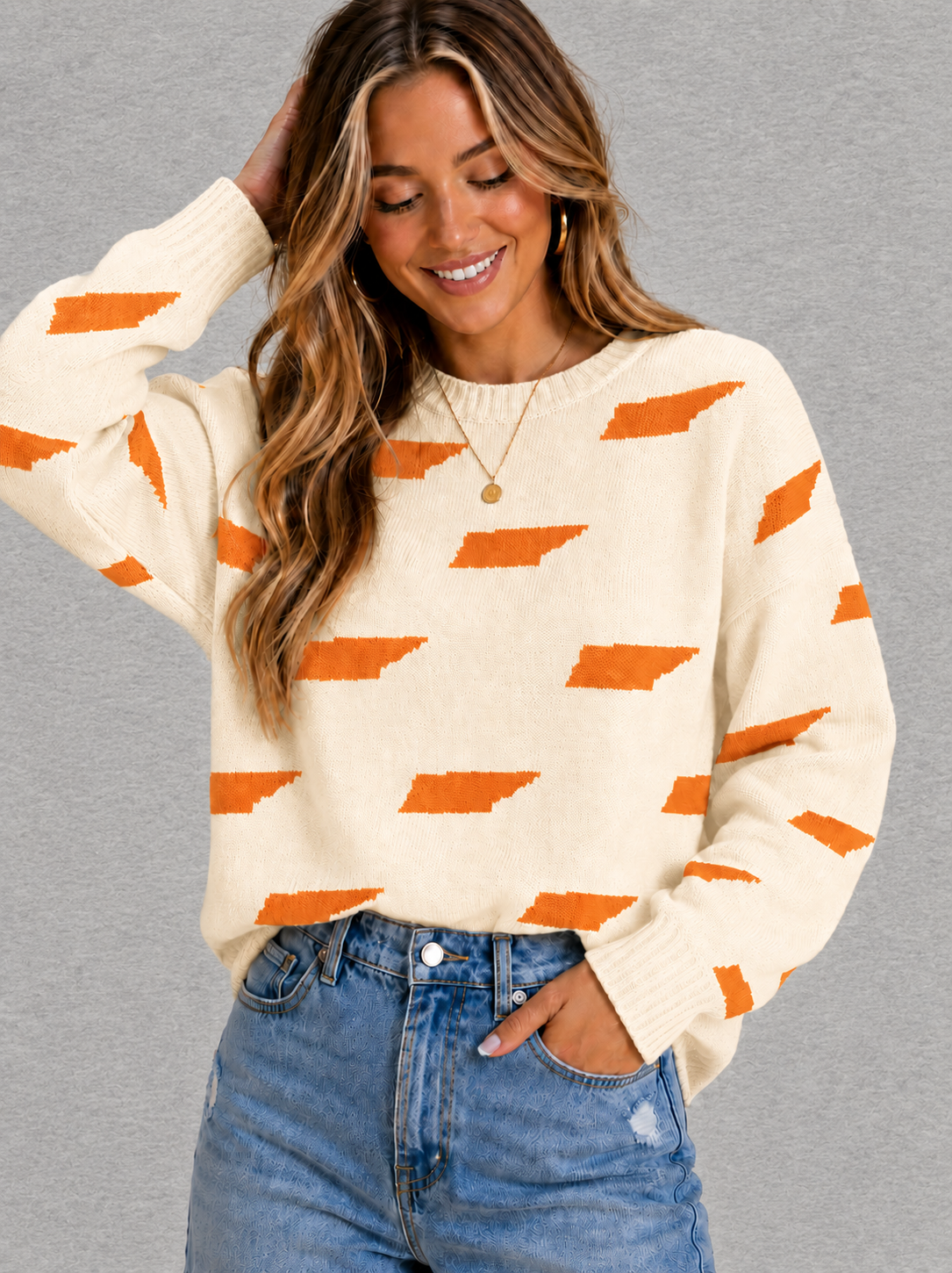 Cream and Orange Tennessee Shape Sweater - Barrel Down South