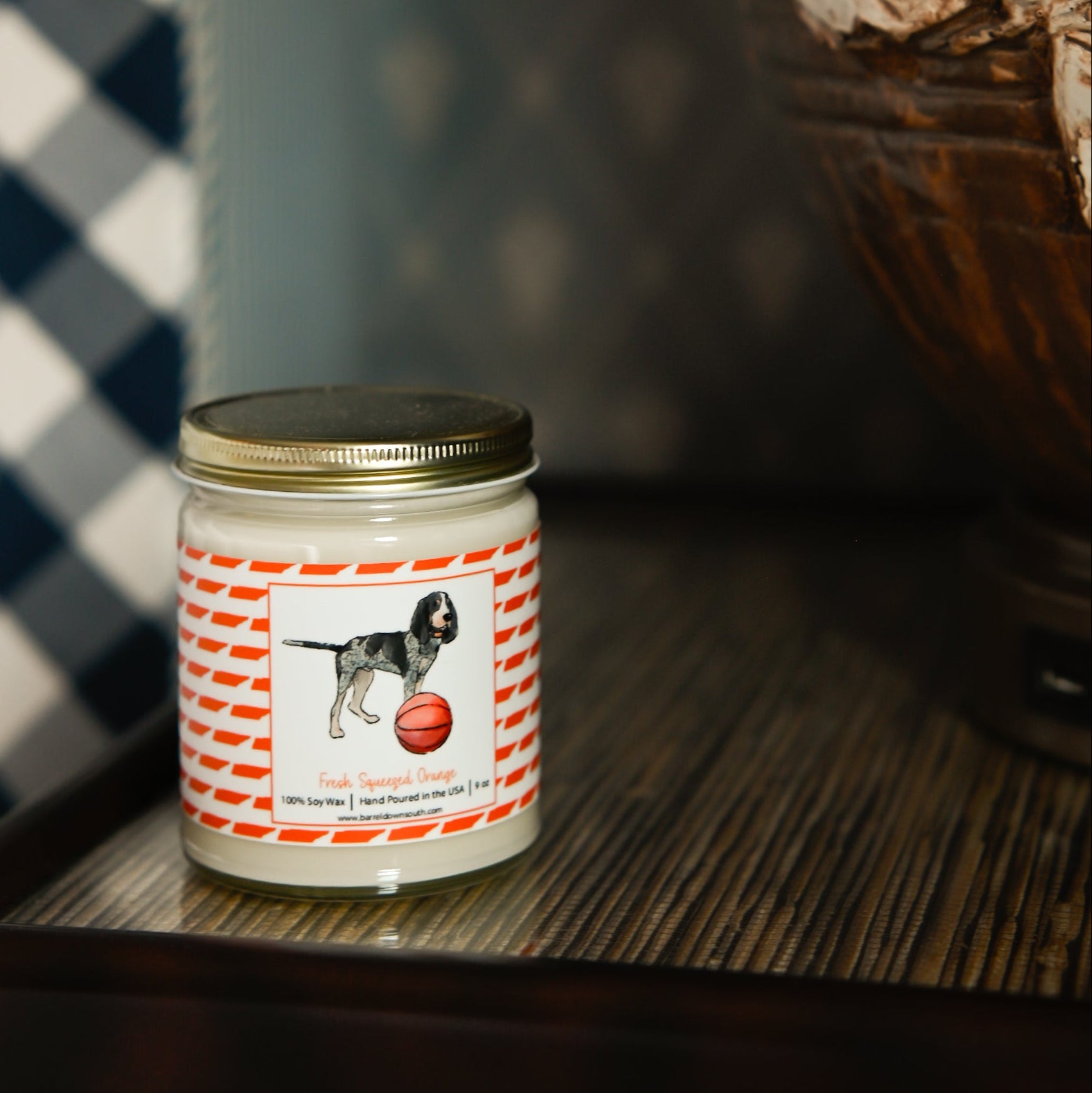 Bluetick Coonhound Checkerboard With Basketball Candle - Barrel Down South