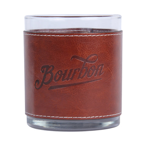 Bourbon Script Angled Faux Leather Rocks Glass