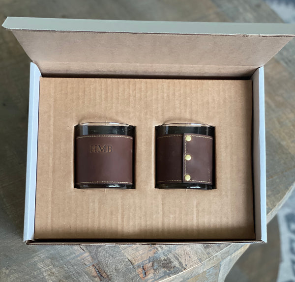 Custom Set of 2 Leather Wrapped Bourbon Whiskey Rocks Glasses