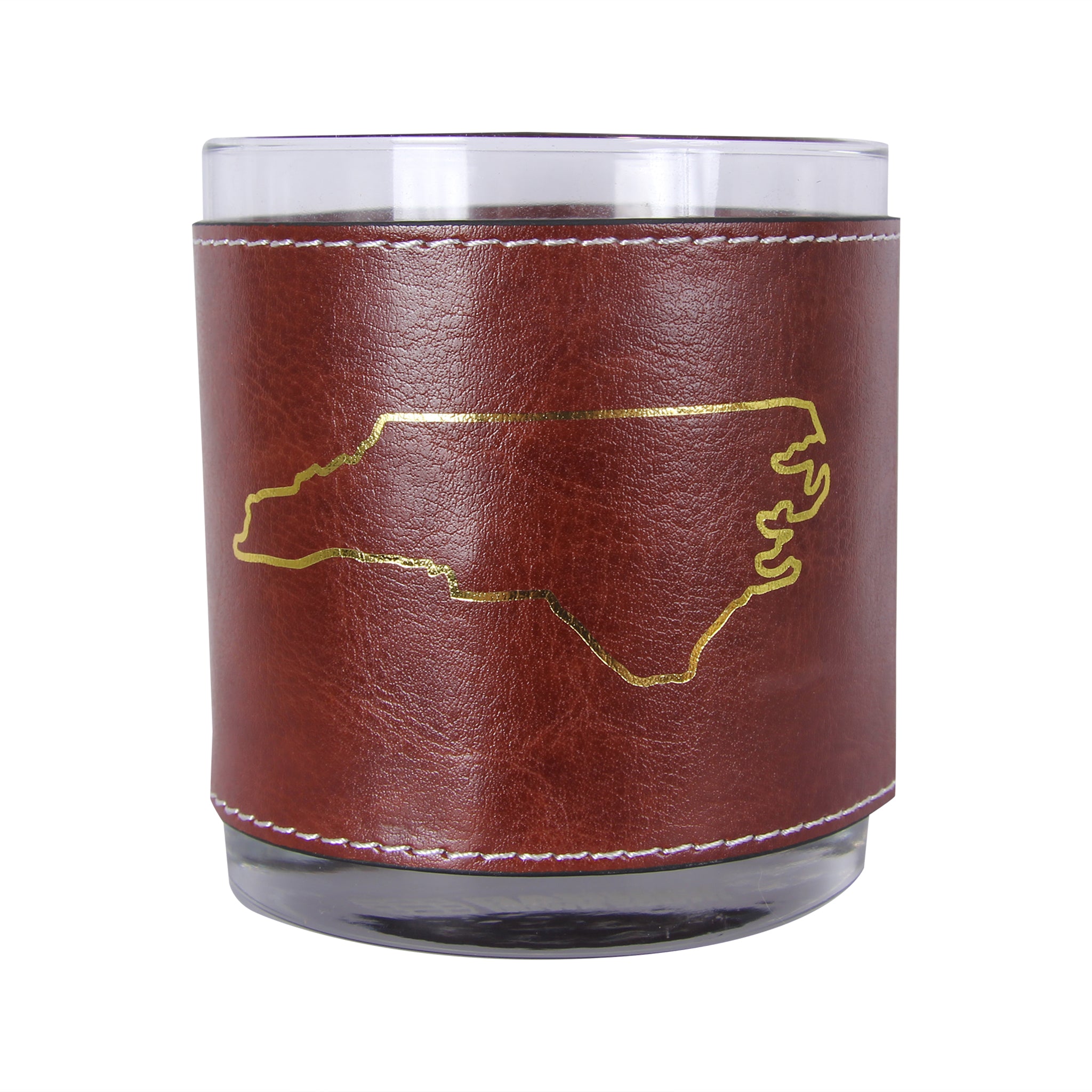 Gold NC State Outline Faux Leather Rocks Glass