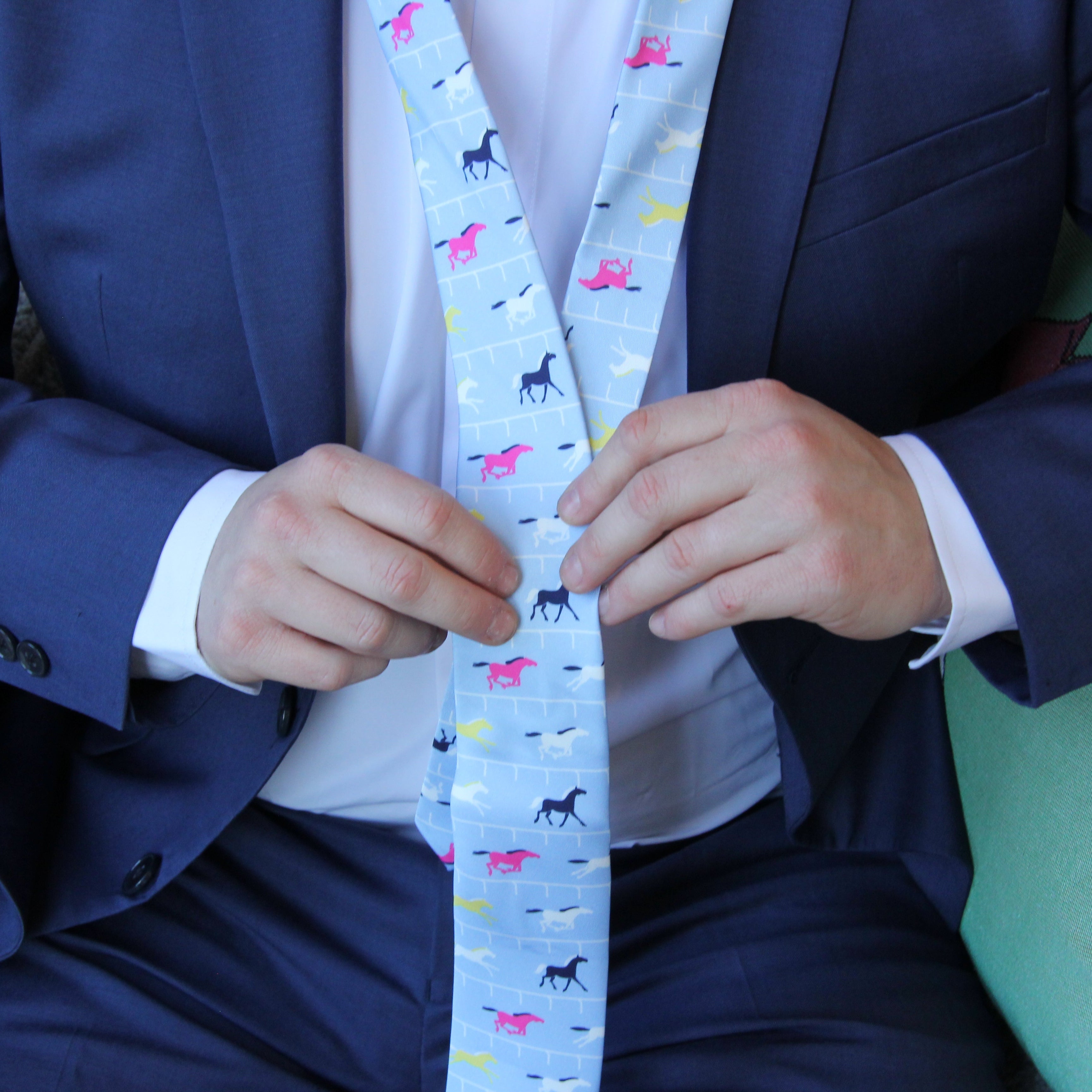 Light Blue Multi Color Horse Racing Necktie - Barrel Down South