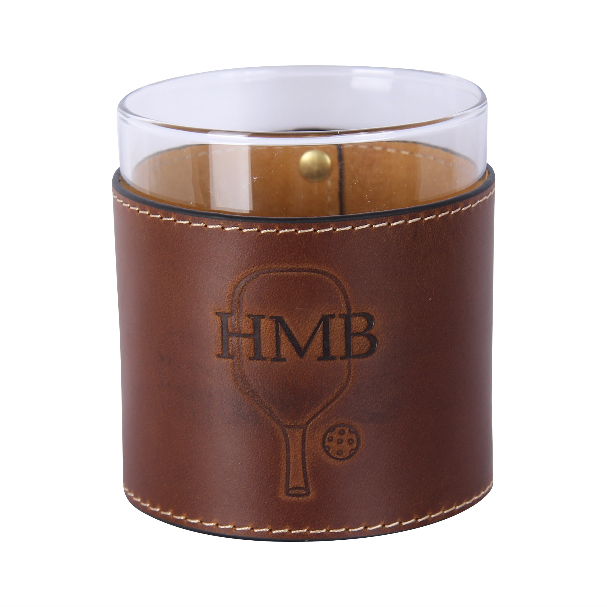 Custom Set of 2 Pickleball Leather Wrapped Bourbon Whiskey Rocks Glasses